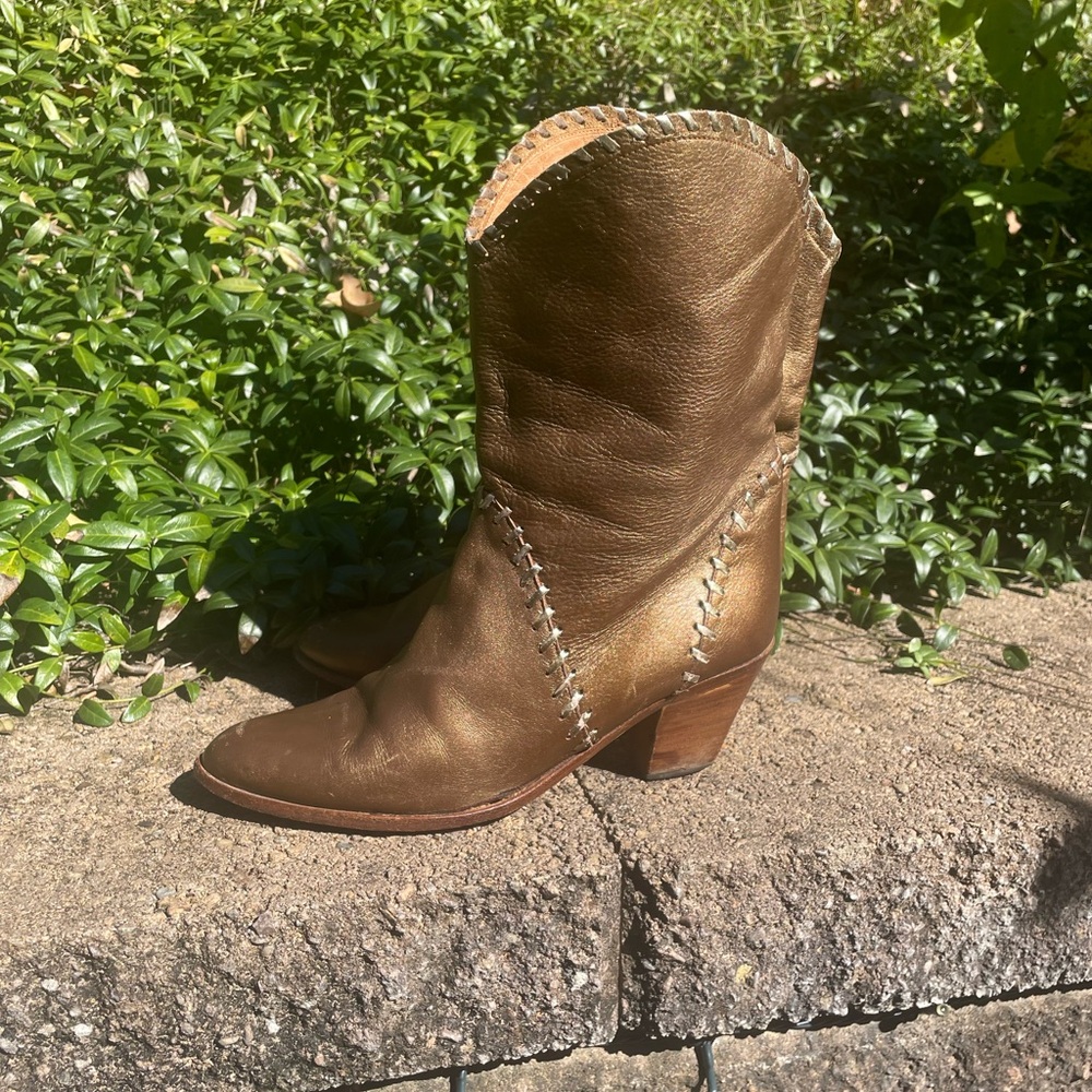VINTAGE 70s  1970's ELIOT Bronze Gold Leather MID CALF Heel BOOTS Size 37 Italy - Picture 5 of 8